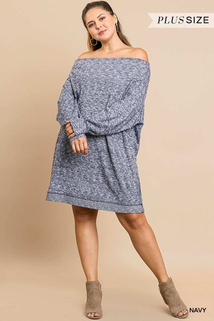 Umgee Mini‎ Sweater Dress Plus 1XL Off Shoulder Ribbed Knit Long Sleeve NWT Navy